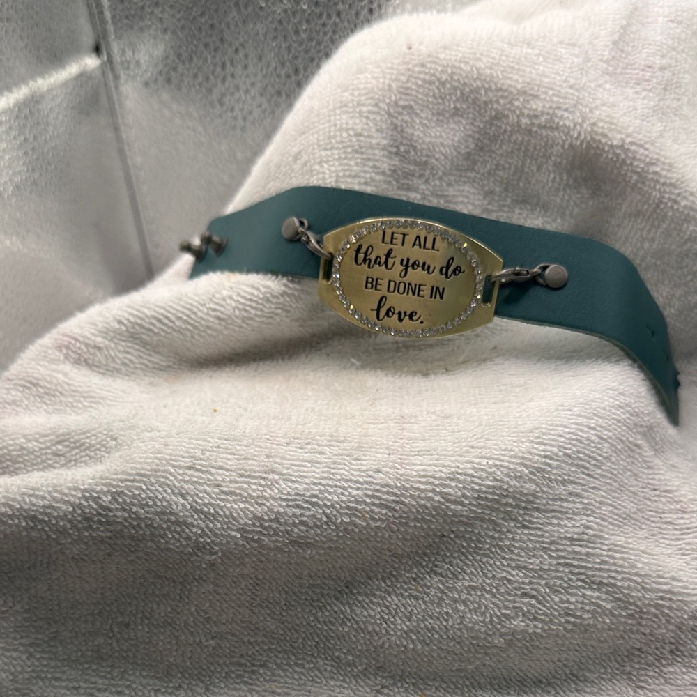 Handmade teal leather Bracelet with Inspirational Message